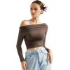 imageSUUKSESS Women Off Shoulder Long Sleeve Shirts Double Lined Fitted Crop TopsBrown