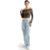 imageSUUKSESS Women Off Shoulder Long Sleeve Shirts Double Lined Fitted Crop TopsBrown
