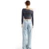 imageSUUKSESS Women Off Shoulder Long Sleeve Shirts Double Lined Fitted Crop TopsGrey