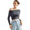 imageSUUKSESS Women Off Shoulder Long Sleeve Shirts Double Lined Fitted Crop TopsGrey