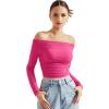 imageSUUKSESS Women Off Shoulder Long Sleeve Shirts Double Lined Fitted Crop TopsHot Pink