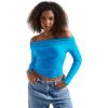 imageSUUKSESS Women Off Shoulder Long Sleeve Shirts Double Lined Fitted Crop TopsLake Blue