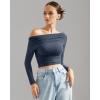 imageSUUKSESS Women Off Shoulder Long Sleeve Shirts Double Lined Fitted Crop TopsNavy Blue