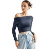 imageSUUKSESS Women Off Shoulder Long Sleeve Shirts Double Lined Fitted Crop TopsNavy Blue