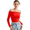 imageSUUKSESS Women Off Shoulder Long Sleeve Shirts Double Lined Fitted Crop TopsRed