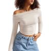 imageSUUKSESS Women Off Shoulder Long Sleeve Shirts Double Lined Fitted Crop TopsStone