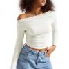 imageSUUKSESS Women Off Shoulder Long Sleeve Shirts Double Lined Fitted Crop TopsWhite