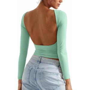imageSUUKSESS Women Backless Going Out Tops Double Lined Open Back Basic Long SleeveAqua