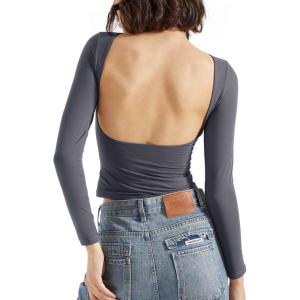 imageSUUKSESS Women Backless Going Out Tops Double Lined Open Back Basic Long SleeveAsh