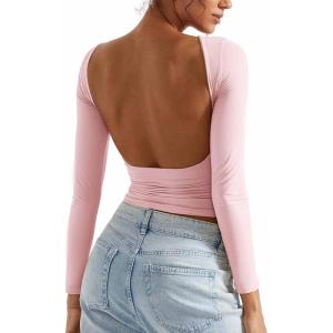 imageSUUKSESS Women Backless Going Out Tops Double Lined Open Back Basic Long SleeveBlush