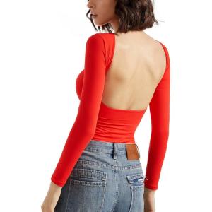 imageSUUKSESS Women Backless Going Out Tops Double Lined Open Back Basic Long SleeveDream Red