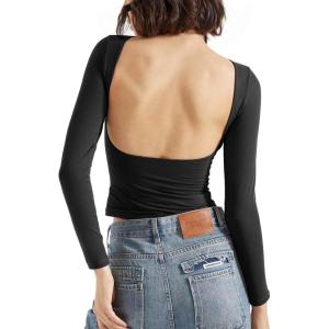 imageSUUKSESS Women Backless Going Out Tops Double Lined Open Back Basic Long SleeveJet Black