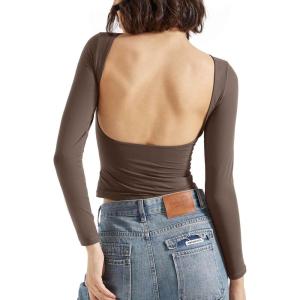 imageSUUKSESS Women Backless Going Out Tops Double Lined Open Back Basic Long SleeveMocha