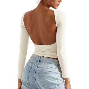 imageSUUKSESS Women Backless Going Out Tops Double Lined Open Back Basic Long SleeveOffwhite