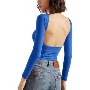 imageSUUKSESS Women Backless Going Out Tops Double Lined Open Back Basic Long SleeveSapphire