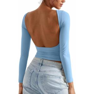 imageSUUKSESS Women Backless Going Out Tops Double Lined Open Back Basic Long SleeveSky Blue