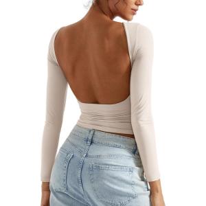 imageSUUKSESS Women Backless Going Out Tops Double Lined Open Back Basic Long SleeveSoft Sand