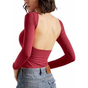 imageSUUKSESS Women Backless Going Out Tops Double Lined Open Back Basic Long SleeveWine Red