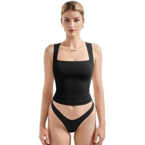 imageSUUKSESS Women Double Lined Square Neck Crop Tank Top Sleeveless Basic Y2k TopsBlack