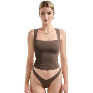 imageSUUKSESS Women Double Lined Square Neck Crop Tank Top Sleeveless Basic Y2k TopsBrown