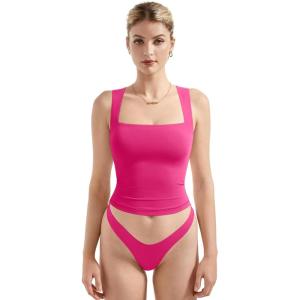 imageSUUKSESS Women Double Lined Square Neck Crop Tank Top Sleeveless Basic Y2k TopsHot Pink