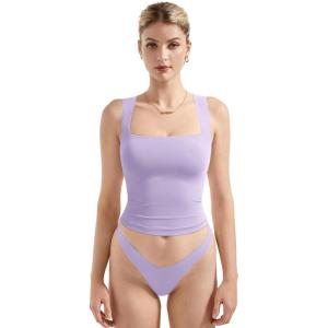 imageSUUKSESS Women Double Lined Square Neck Crop Tank Top Sleeveless Basic Y2k TopsLight Purple