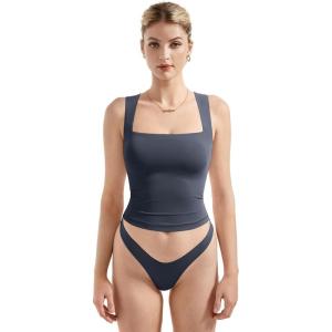imageSUUKSESS Women Double Lined Square Neck Crop Tank Top Sleeveless Basic Y2k TopsNavy Blue