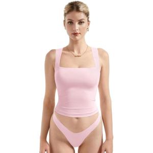 imageSUUKSESS Women Double Lined Square Neck Crop Tank Top Sleeveless Basic Y2k TopsPink