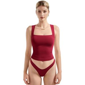 imageSUUKSESS Women Double Lined Square Neck Crop Tank Top Sleeveless Basic Y2k TopsWine