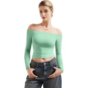 imageSUUKSESS Women Off Shoulder Double Lined Long Sleeve Shirts Basic Going Out TopsAqua