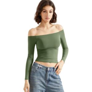 imageSUUKSESS Women Off Shoulder Double Lined Long Sleeve Shirts Basic Going Out TopsArmy Green