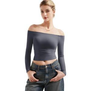 imageSUUKSESS Women Off Shoulder Double Lined Long Sleeve Shirts Basic Going Out TopsAsh