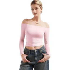 imageSUUKSESS Women Off Shoulder Double Lined Long Sleeve Shirts Basic Going Out TopsBlush