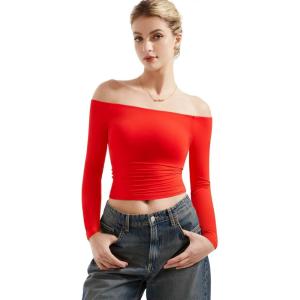 imageSUUKSESS Women Off Shoulder Double Lined Long Sleeve Shirts Basic Going Out TopsDream Red
