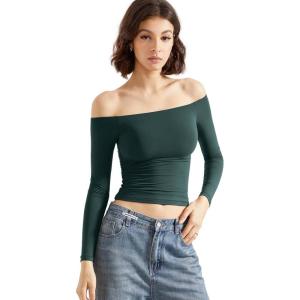 imageSUUKSESS Women Off Shoulder Double Lined Long Sleeve Shirts Basic Going Out TopsEmerald