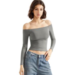 imageSUUKSESS Women Off Shoulder Double Lined Long Sleeve Shirts Basic Going Out TopsGray