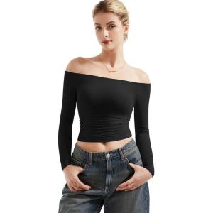 imageSUUKSESS Women Off Shoulder Double Lined Long Sleeve Shirts Basic Going Out TopsJet Black