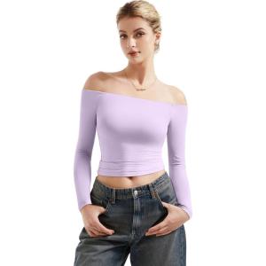 imageSUUKSESS Women Off Shoulder Double Lined Long Sleeve Shirts Basic Going Out TopsLilac