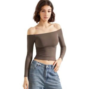 imageSUUKSESS Women Off Shoulder Double Lined Long Sleeve Shirts Basic Going Out TopsMocha