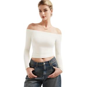 imageSUUKSESS Women Off Shoulder Double Lined Long Sleeve Shirts Basic Going Out TopsPearl