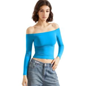 imageSUUKSESS Women Off Shoulder Double Lined Long Sleeve Shirts Basic Going Out TopsRoyal Blue
