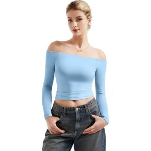imageSUUKSESS Women Off Shoulder Double Lined Long Sleeve Shirts Basic Going Out TopsSky Blue