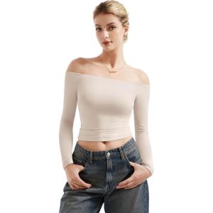 imageSUUKSESS Women Off Shoulder Double Lined Long Sleeve Shirts Basic Going Out TopsSoft Sand