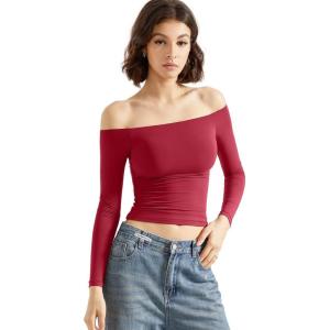 imageSUUKSESS Women Off Shoulder Double Lined Long Sleeve Shirts Basic Going Out TopsWine Red
