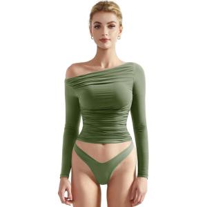 imageSUUKSESS Women Off Shoulder Long Sleeve Shirts Double Lined Fitted Crop TopsArmy Green