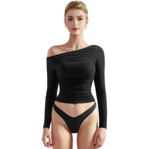 imageSUUKSESS Women Off Shoulder Long Sleeve Shirts Double Lined Fitted Crop TopsBlack