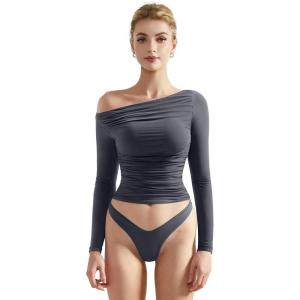 imageSUUKSESS Women Off Shoulder Long Sleeve Shirts Double Lined Fitted Crop TopsGrey