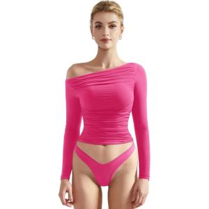 imageSUUKSESS Women Off Shoulder Long Sleeve Shirts Double Lined Fitted Crop TopsHot Pink