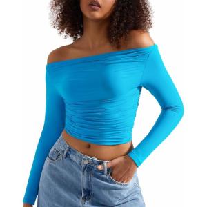 imageSUUKSESS Women Off Shoulder Long Sleeve Shirts Double Lined Fitted Crop TopsLake Blue