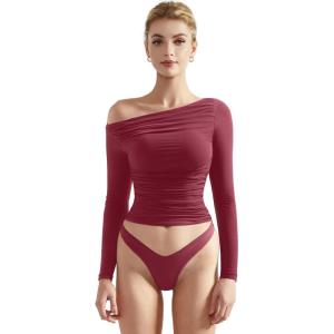 imageSUUKSESS Women Off Shoulder Long Sleeve Shirts Double Lined Fitted Crop TopsMaroon